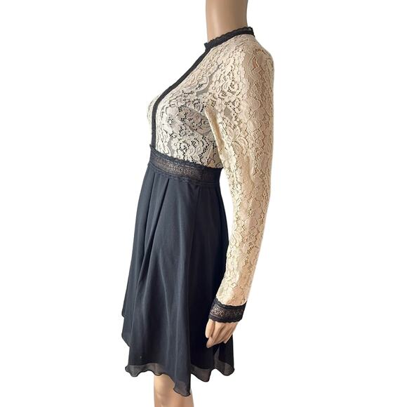 Little Mistress All Over Lace Top Long Sleeve Chiffon Semi Sheer Dress - Picture 4 of 12